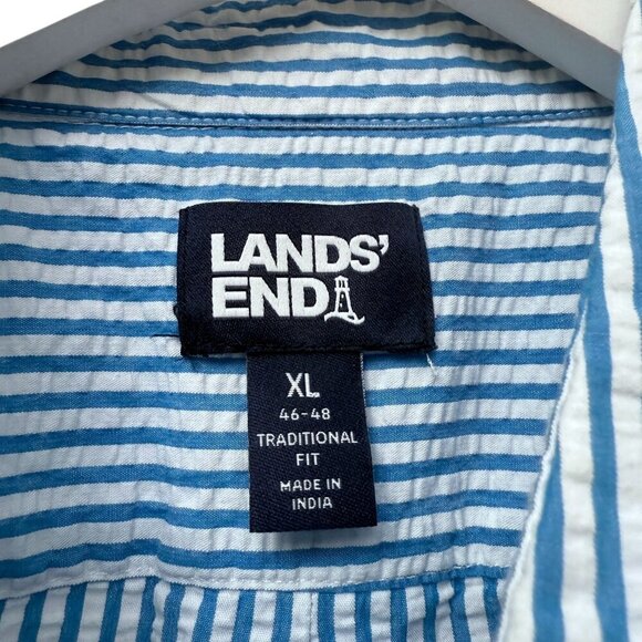 LANDS END Mens Seersucker Shirt XL Short Sleeve Cotton Blue Stripe Preppy Casual - Picture 3 of 9